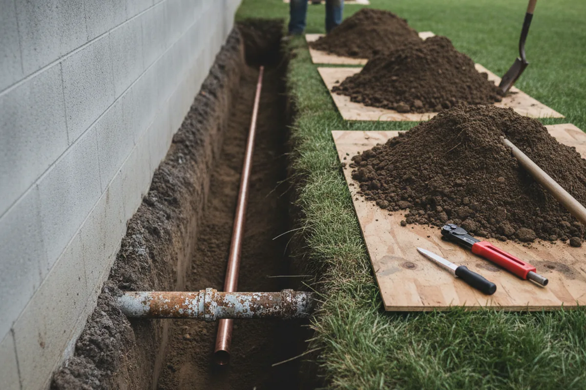Excavated water line trench during Water Softener Installation in Dorsey